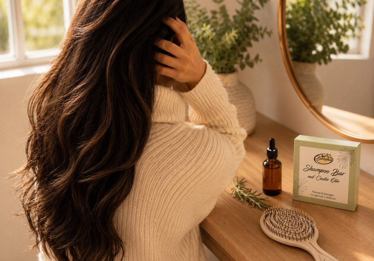 Vrouw met lang bruin haar aan een kaptafel met haarborstel, olie en shampoo bar