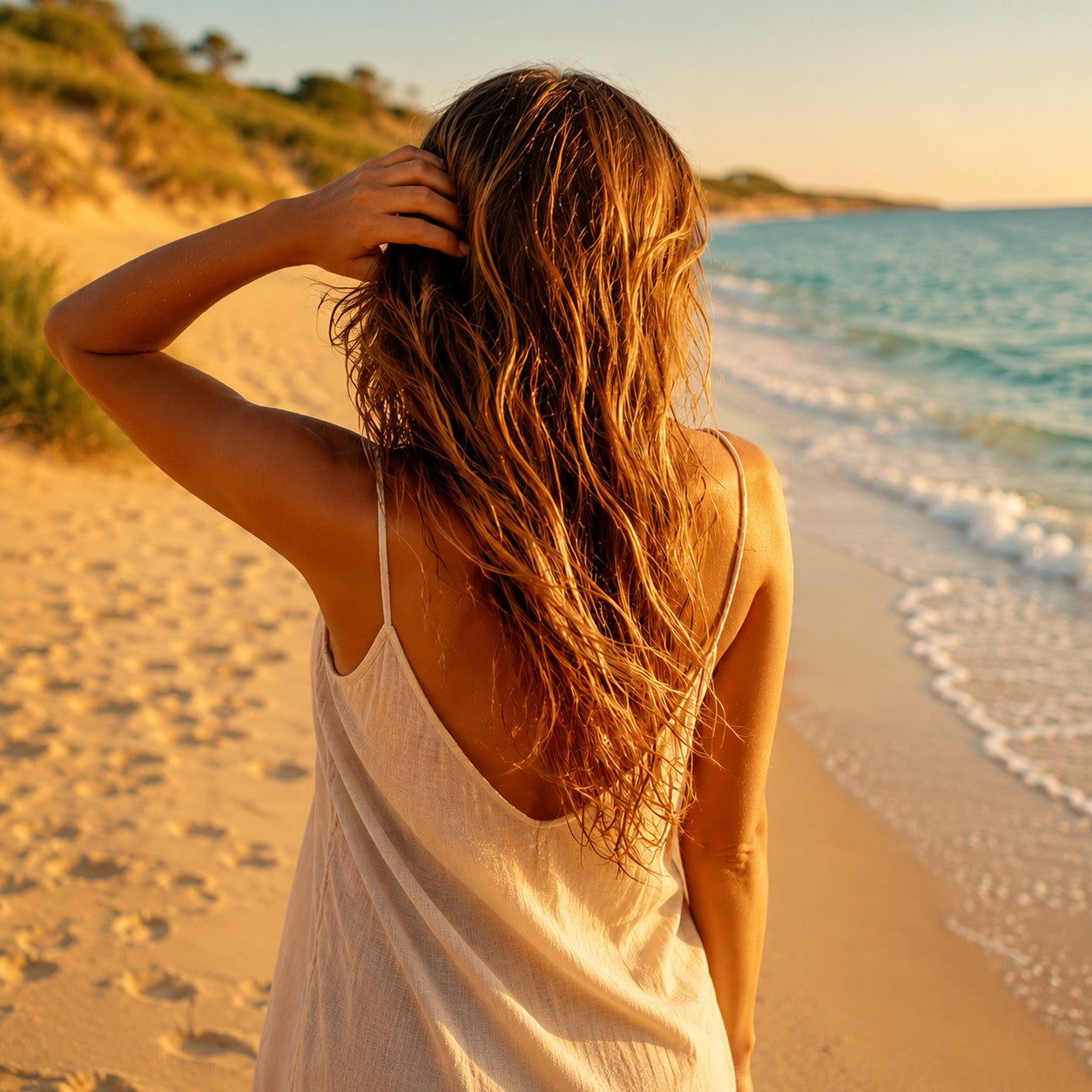 Vrouw met lang blond haar op het strand bij zonsondergang