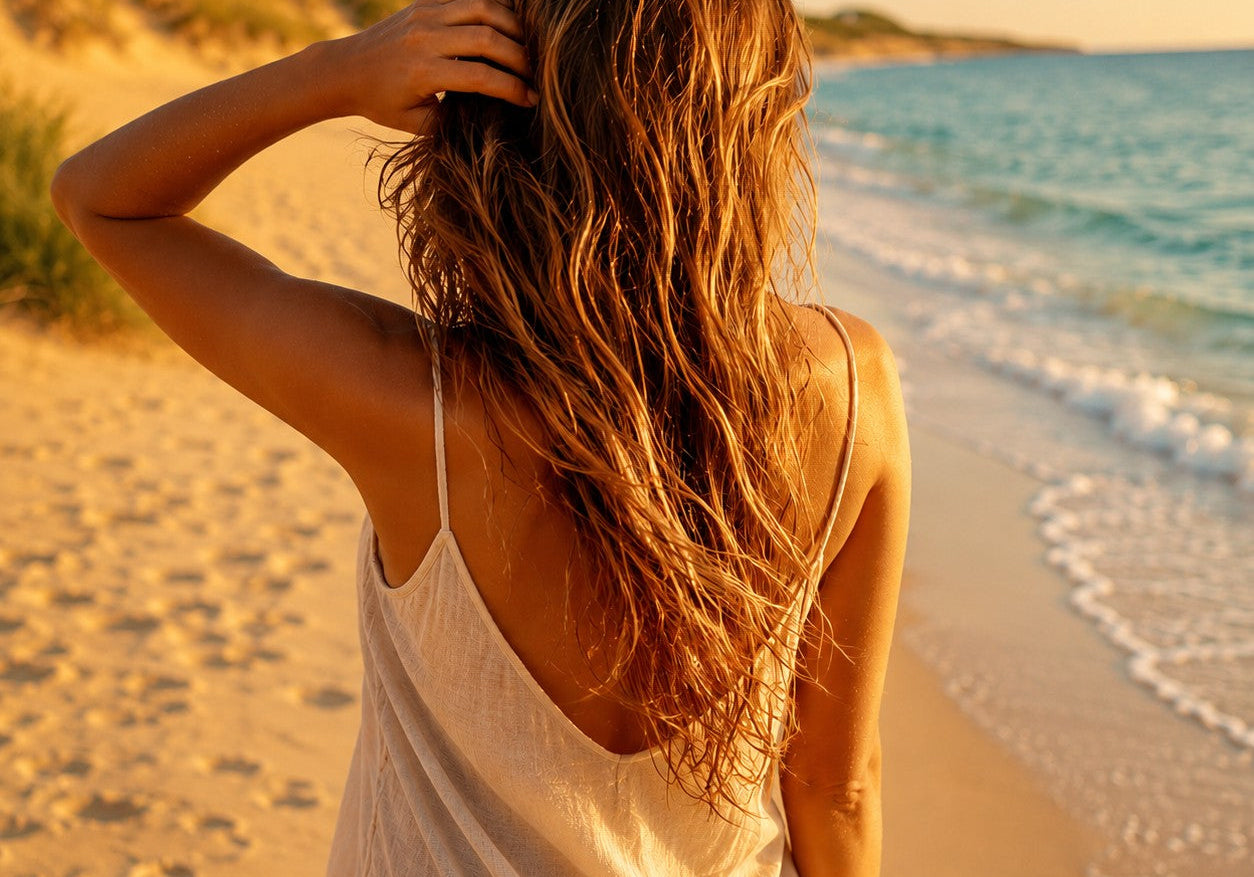 Vrouw met lang blond haar op het strand bij zonsondergang