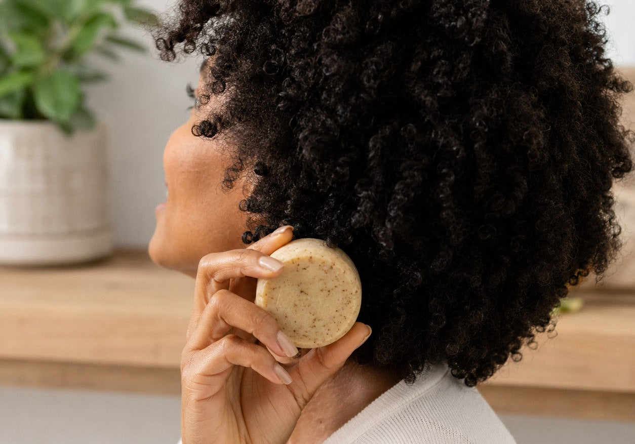 Vrouw met kroeshaar houdt een ronde shampoo bar naast haar hoofd