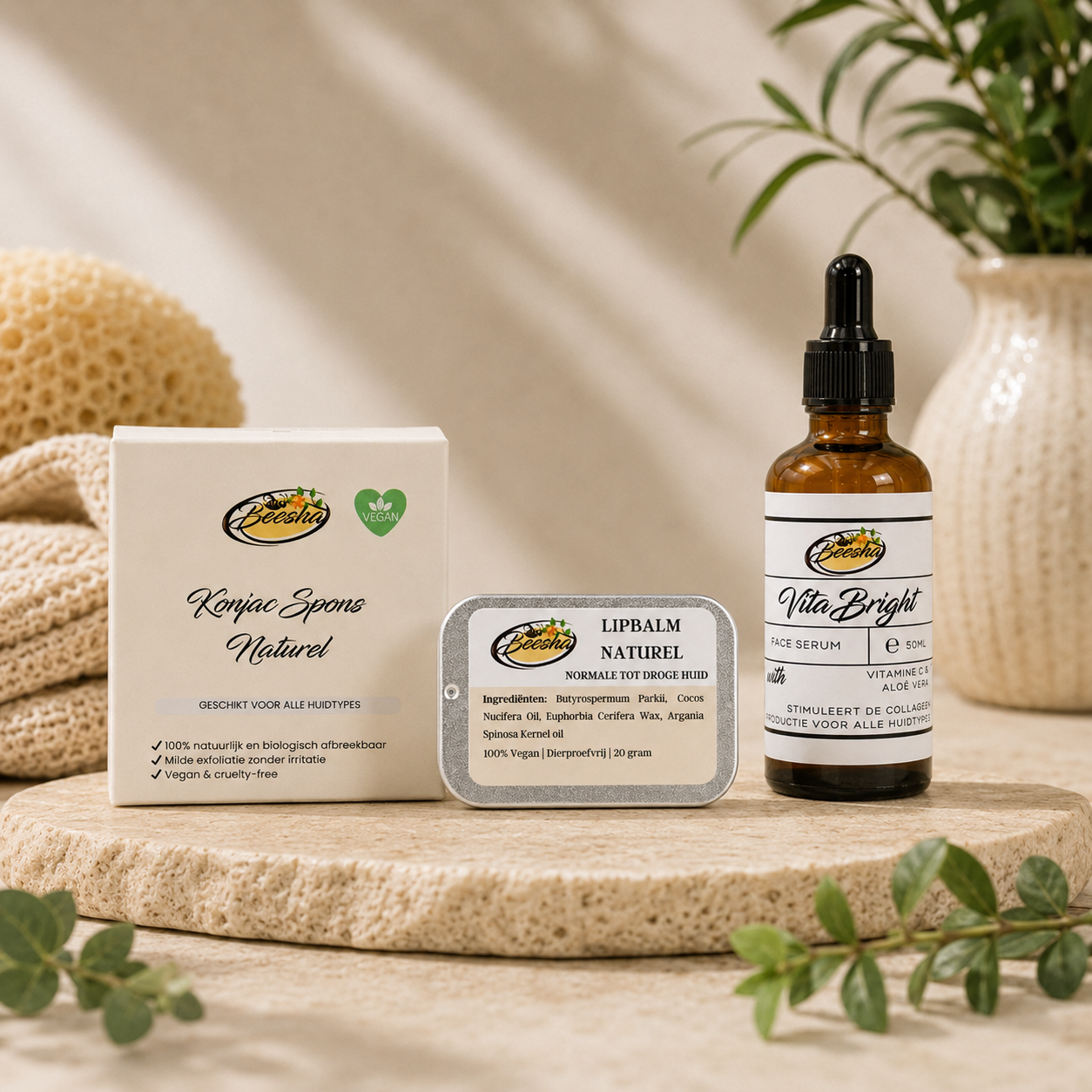 Gezichtsverzorging van Beesha met serums, kleimaskers en konjac sponzen