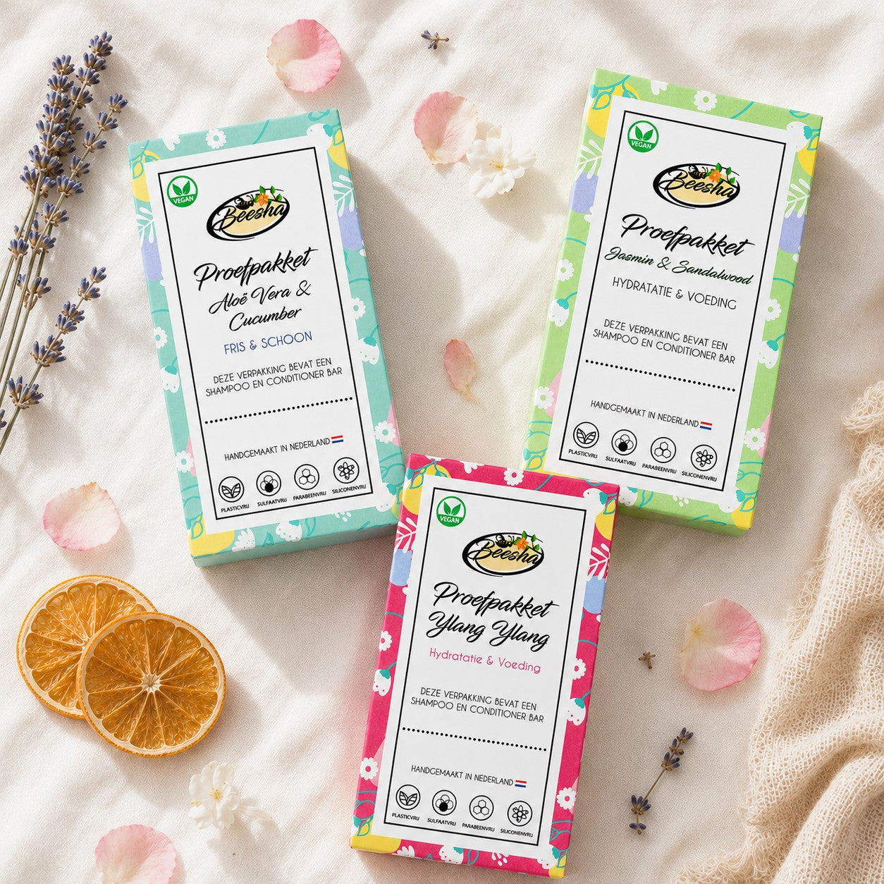 Beesha proefpakketten met shampoo bar en conditioner bar om uit te proberen