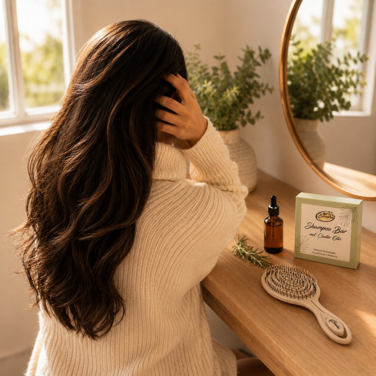 Vrouw met lang bruin haar aan een kaptafel met haarborstel, olie en shampoo bar