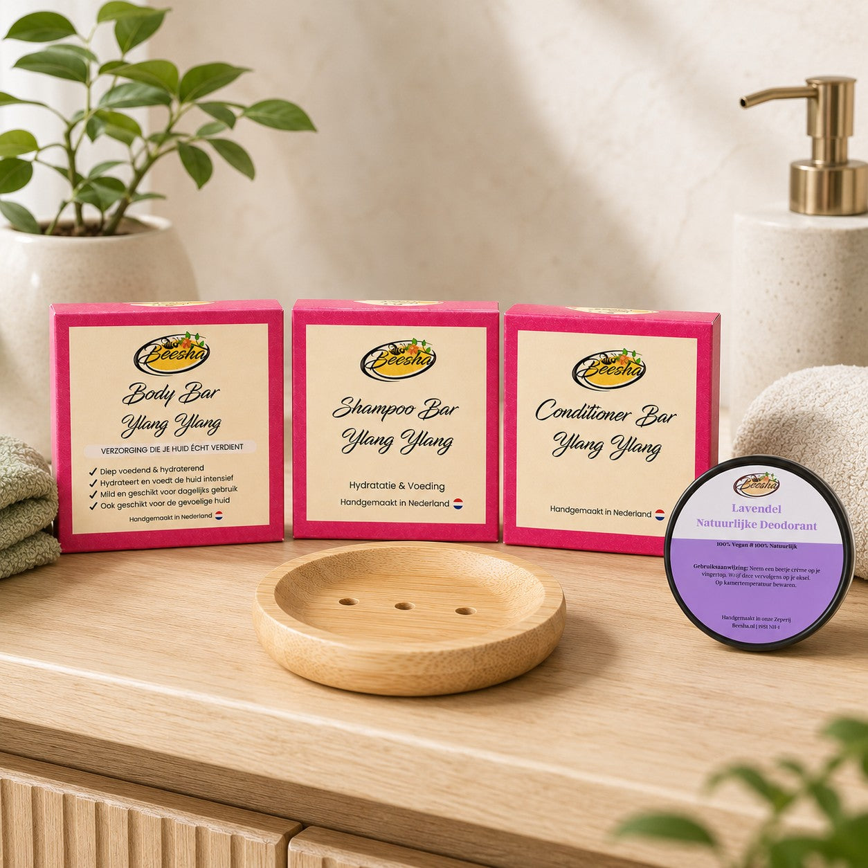 Beesha badkamerpakket met shampoo bar, conditioner bar en accessoires