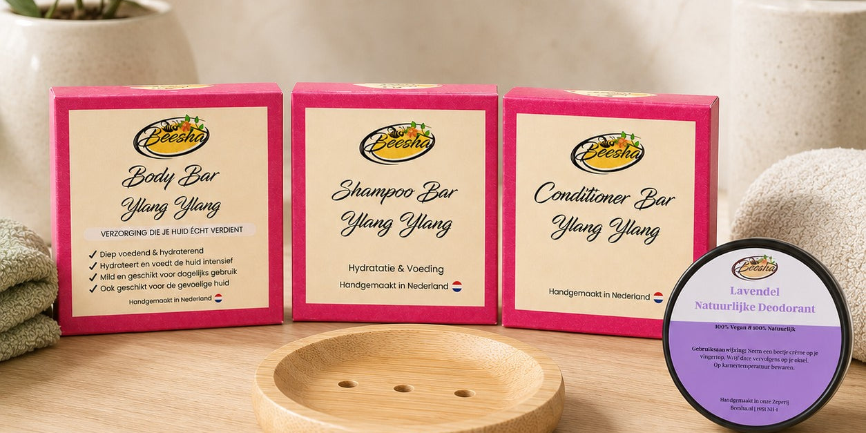 Beesha badkamerpakket met shampoo bar, conditioner bar en accessoires
