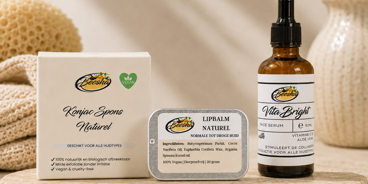 Beesha gezichtsverzorging: konjac spons, lippenbalsem en VitaBright serum