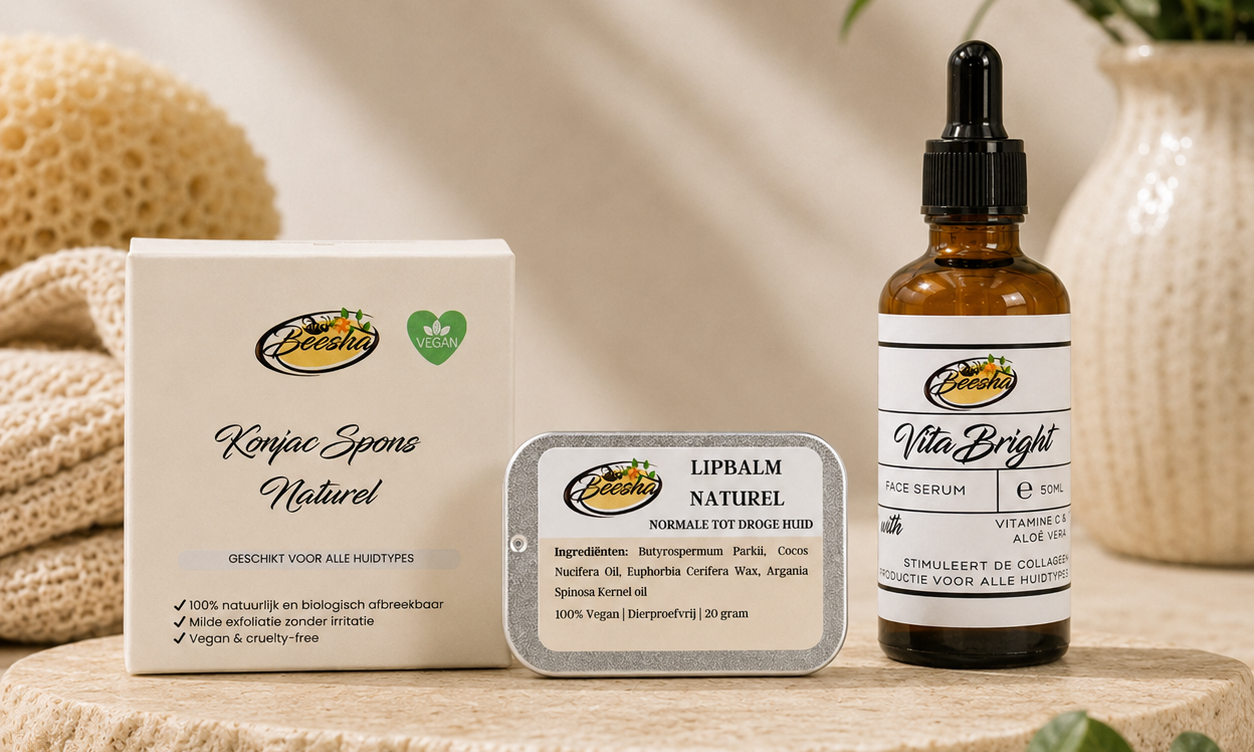 Beesha gezichtsverzorging: konjac spons, lippenbalsem en VitaBright serum