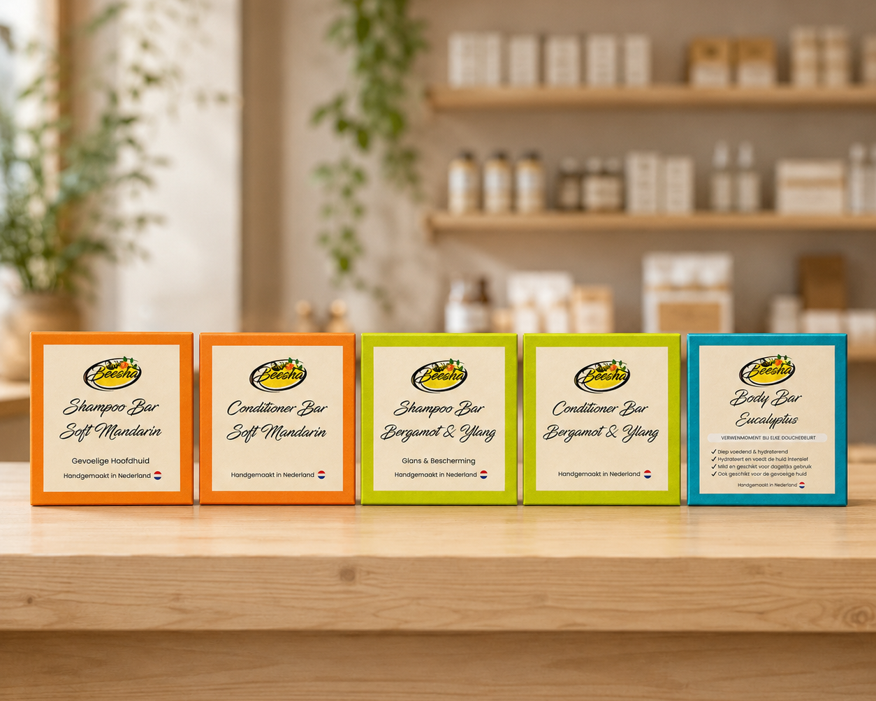 Rij Beesha shampoo bars, conditioner bars en een body bar op een houten winkelplank