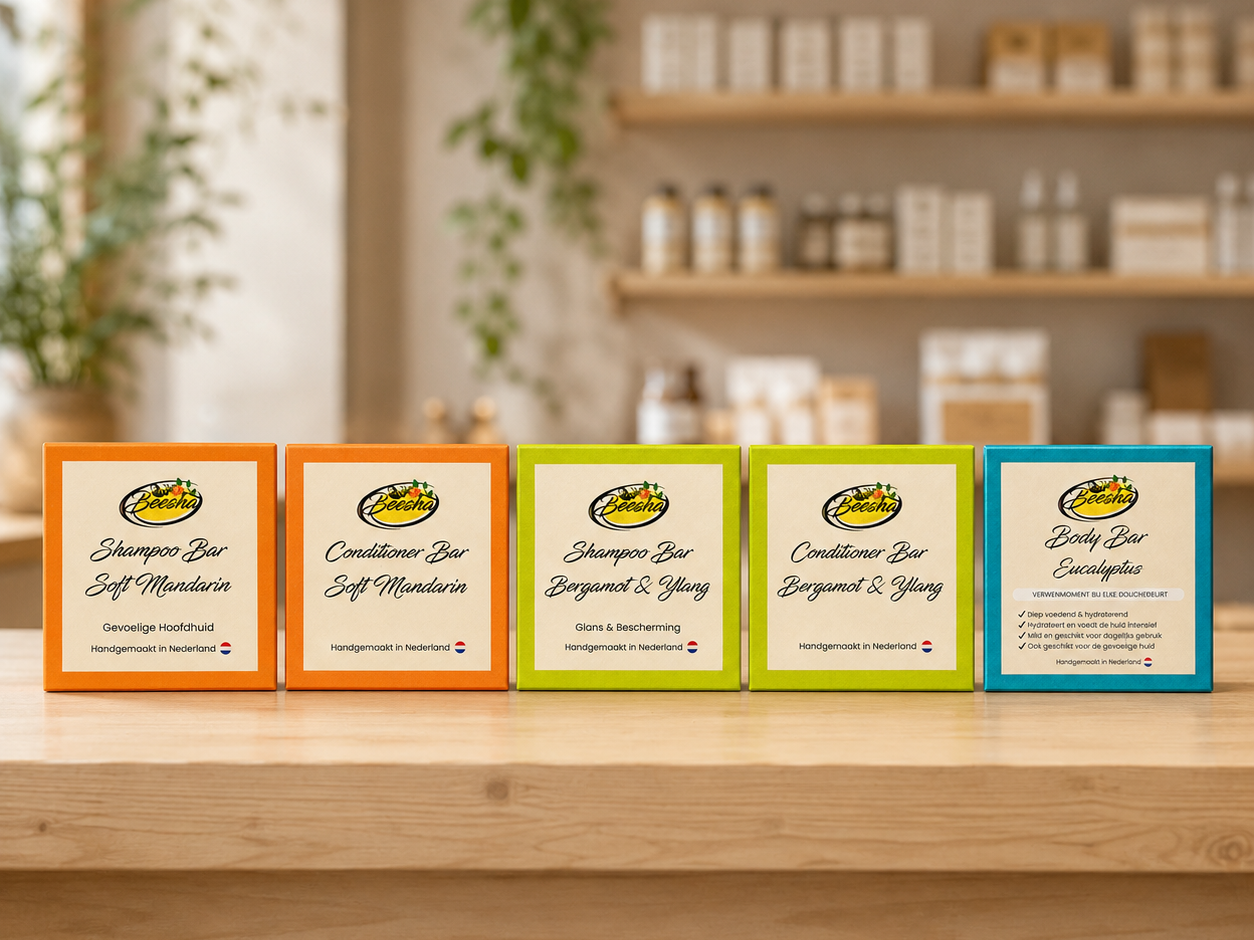 Rij Beesha shampoo bars, conditioner bars en een body bar op een houten winkelplank