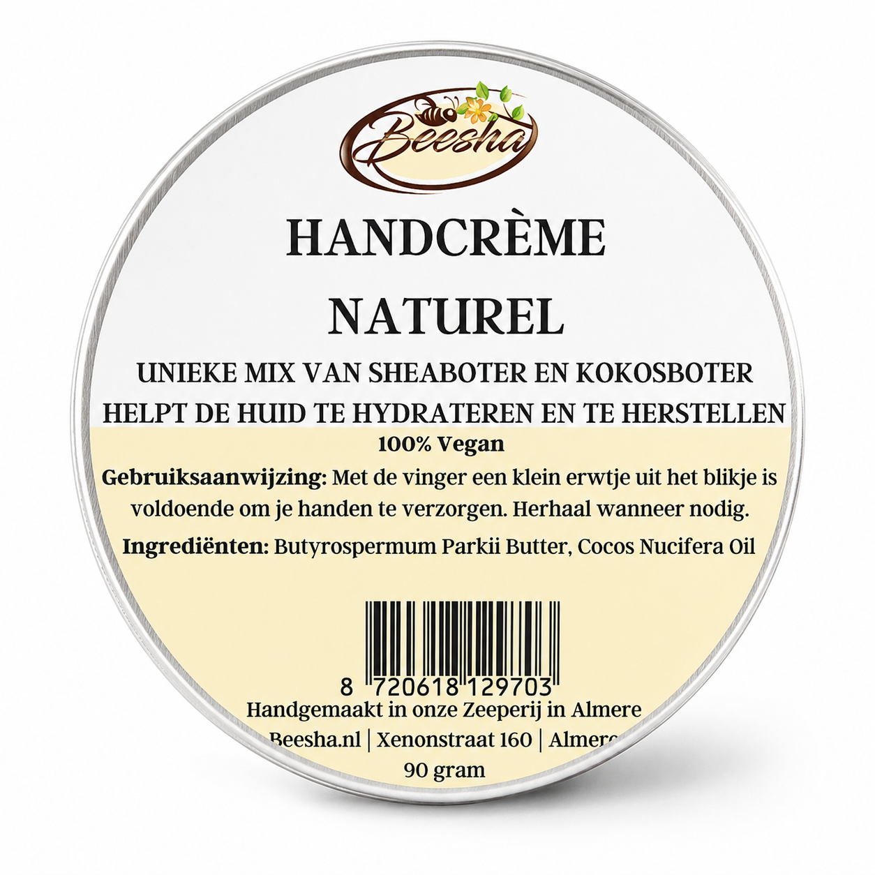 Beesha Handcrème Naturel in pot, natuurlijke handcrème zonder parfum