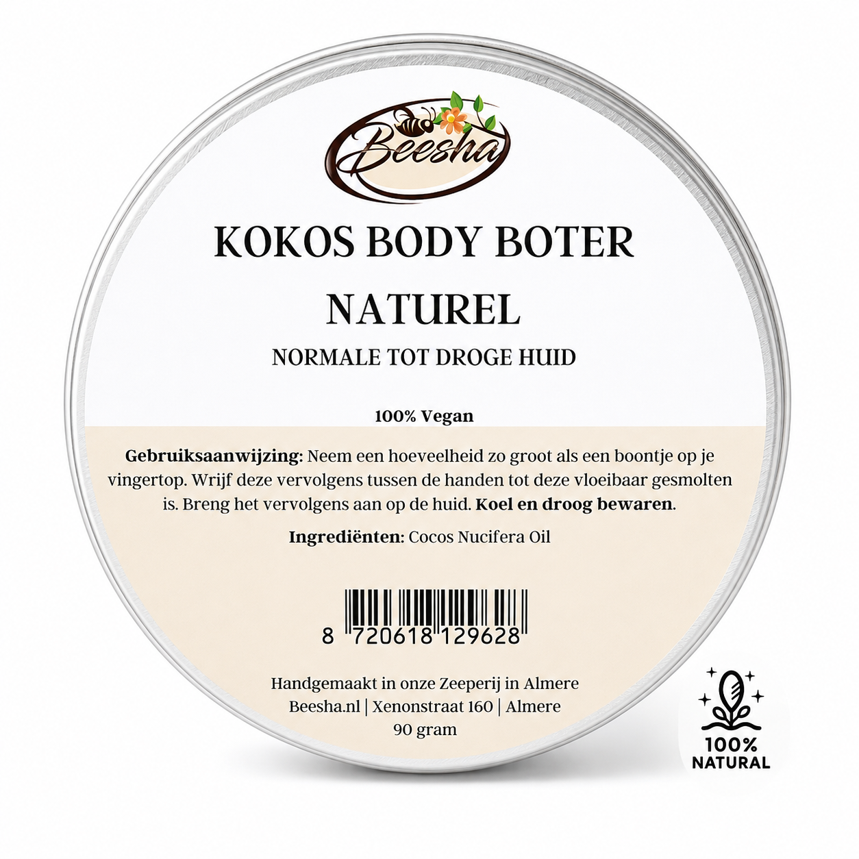 Beesha Kokos Body Boter Naturel in pot, body butter zonder parfum