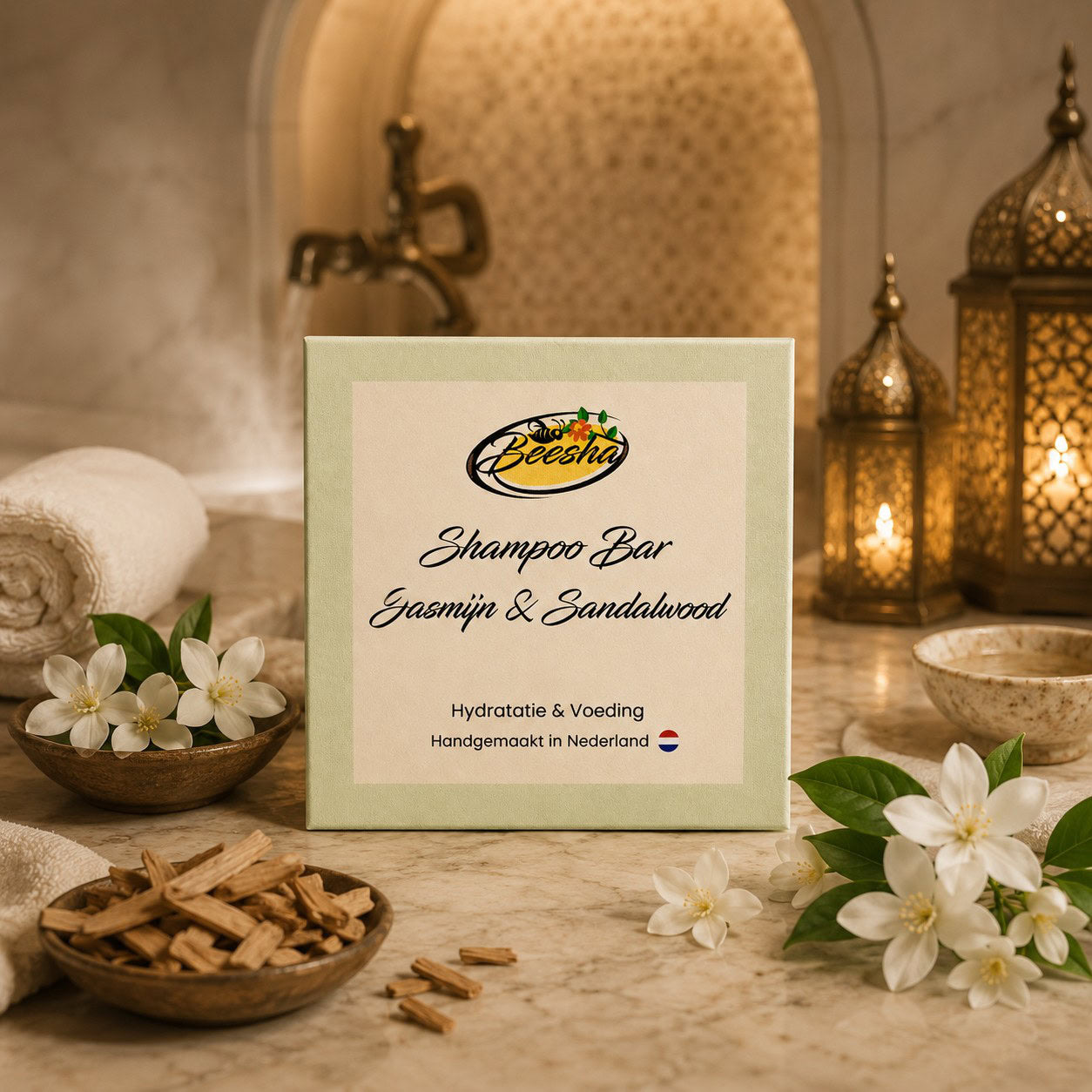 Sfeerfoto van Beesha Shampoo Bar Jasmijn & Sandalwood, vaste shampoo