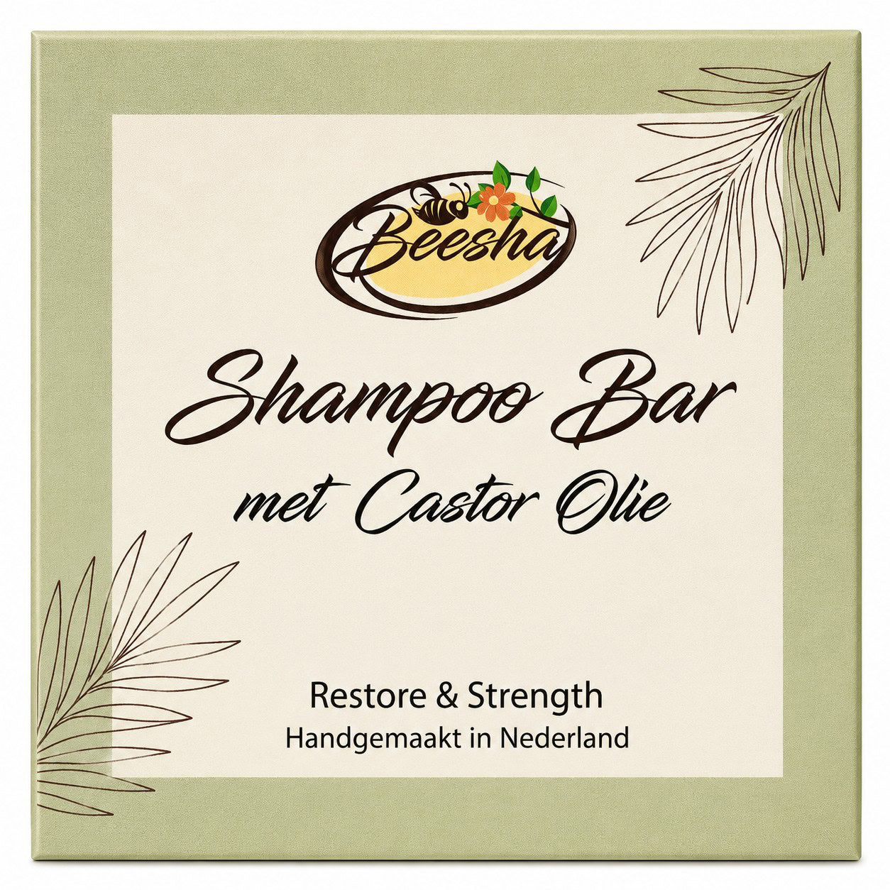 Beesha Shampoo Bar Restore & Strength — vaste shampoo met castorolie in doosje